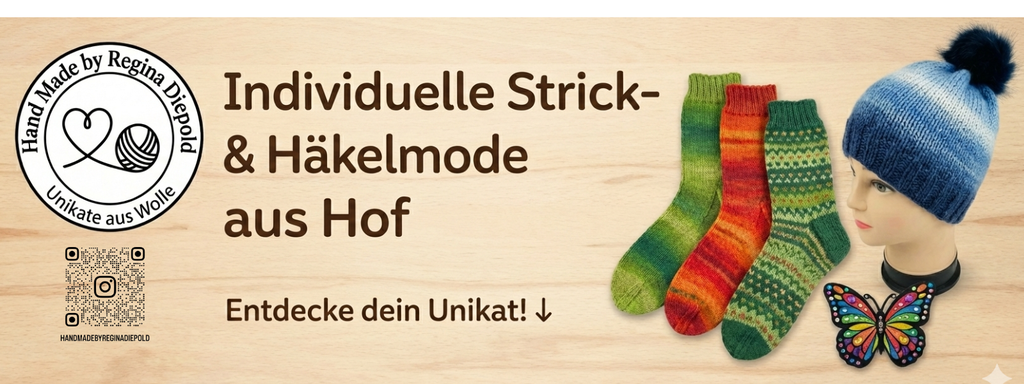 Individuelle Socken, Mützen & Accessoires aus Wolle. Mit Liebe handgefertigt in Hof. Entdecken Sie jetzt einzigartige Unikate und Geschenke im Online-Shop.