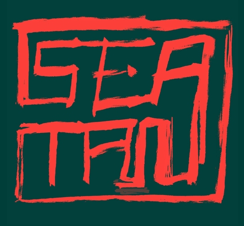 A dark green background with SEATAN written in stylised lettering in bright red
