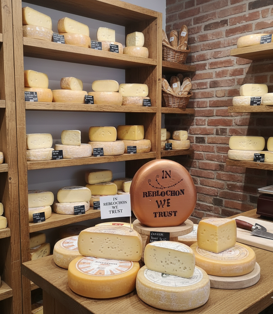 Décoration en bois en forme de meule de Reblochon avec l'inscription « In Reblochon We Trust », exposée sur un comptoir au milieu de vraies meules de fromage dans une fromagerie artisanale aux étagères en bois.