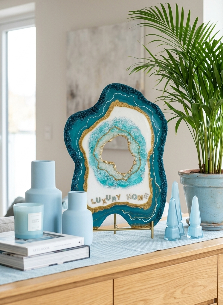 Tableau à poser. Création artisanale en forme de géode d'agate dans les tons bleu canard, blanc et doré, avec l'inscription "LUXURY HOME". La pièce présente un centre évidé texturé de cristaux et des lignes dorées scintillantes.Décoration artistique faite main inspirée d'une géode naturelle. L'objet aux contours irréguliers arbore des nuances de bleu océan, de blanc et de feuilles d'or.