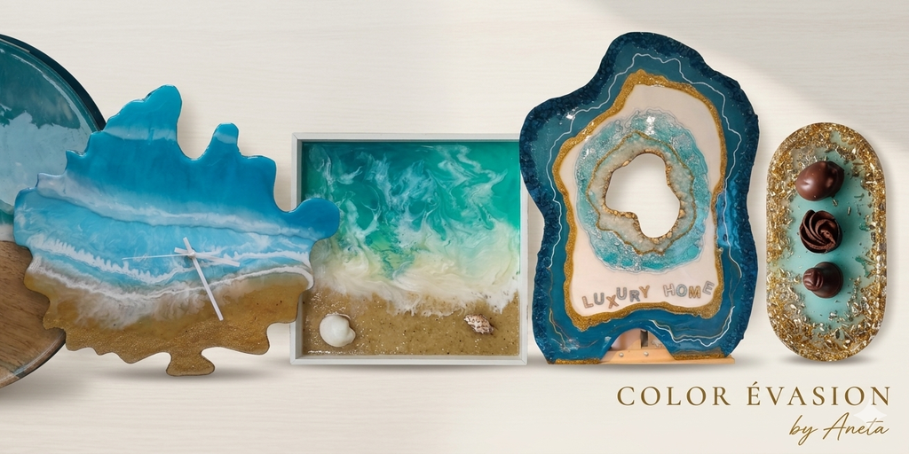 Géode décoratif, horloges esprit océan, plateaux pour apéros. Couleurs du lac