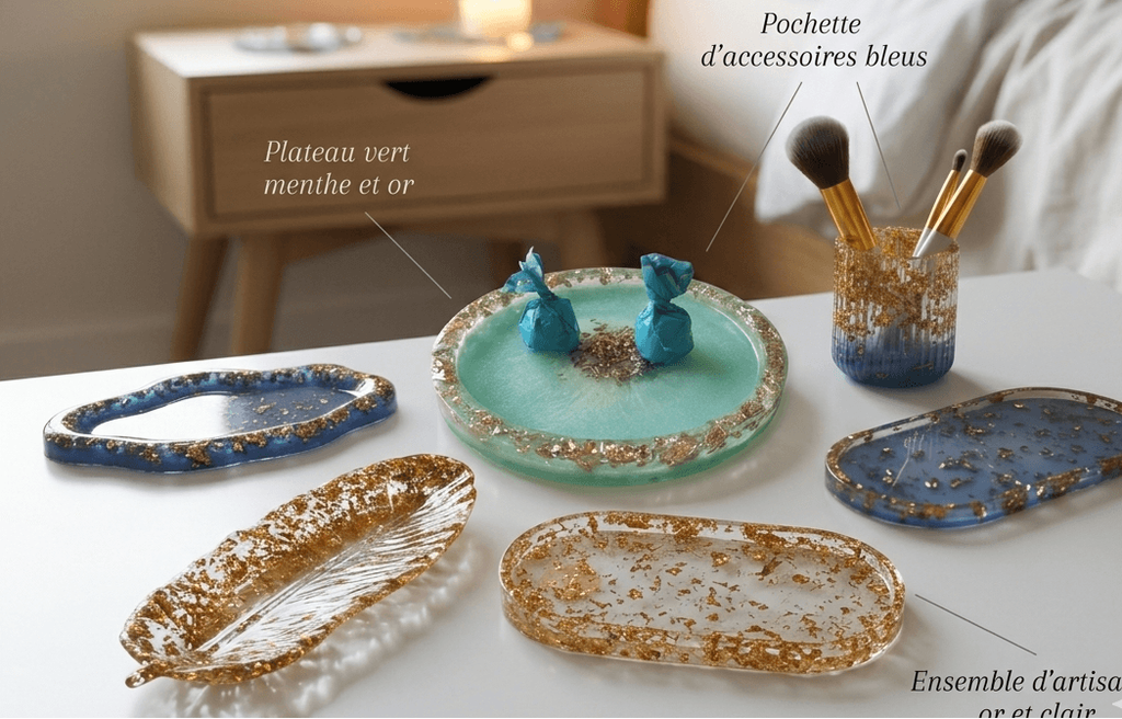 Résine art à Annecy. Idées cadeau. Achetez cadeau original artisanal. Couleurs, or, multicolore. Plateau, accesoires maquillage de qualité luxe.
Couleurs, or, brillance, paillettes. Cadeau chic et  de luxueu pour une femme moderne. Artisanat et voyage. Gobelet pour pinceaux de maquillage.