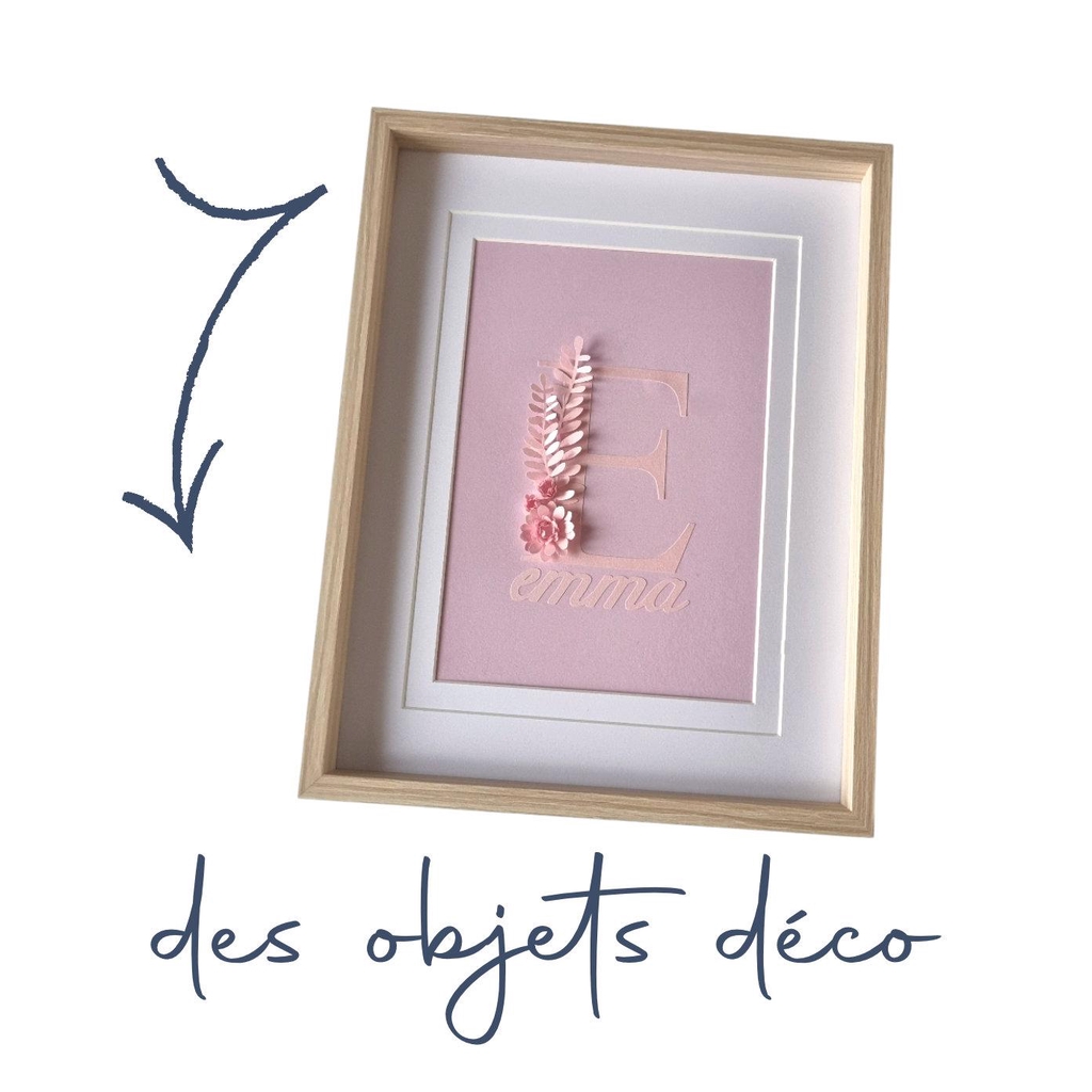 objets deco : un cadre rose avec une initiales et un prenom en papier découpé