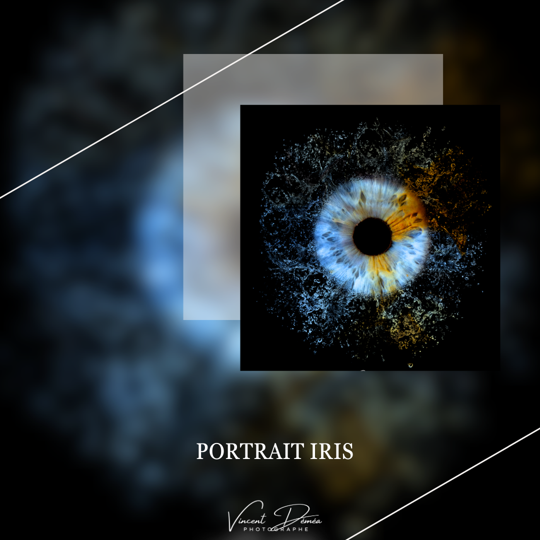 Photo d'un iris d'un œil bleu avec quelques nuances de jaune, fait en macro sous forme de photographie artistique... 