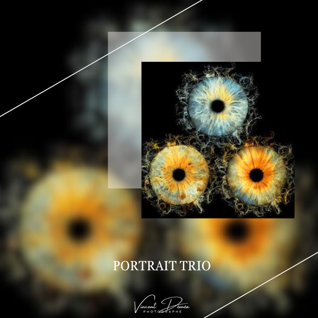 Photo d'un iris d'un œil bleu avec quelques nuances de jaune, fait en macro sous forme de photographie artistique... 