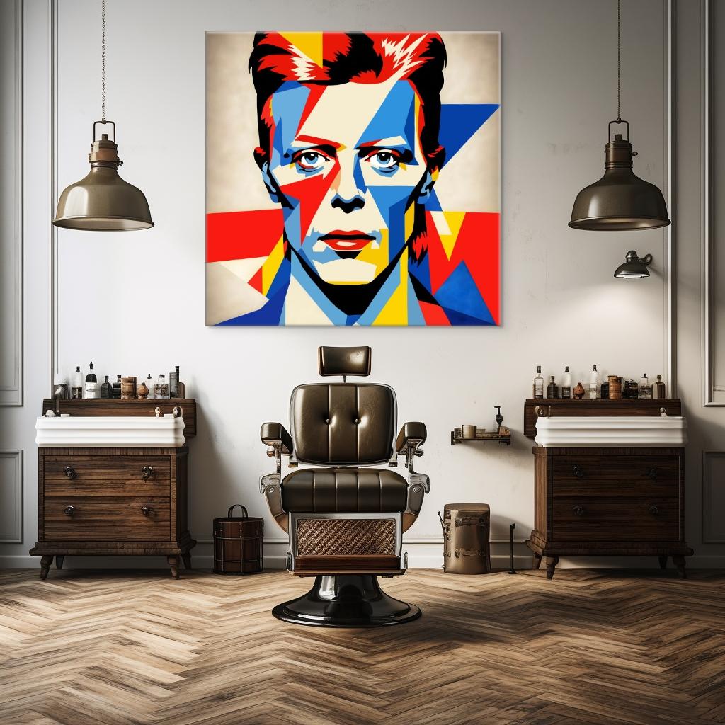 Image shows a large scale pop art style picture of David Bowie hanging on a barbers wall. 