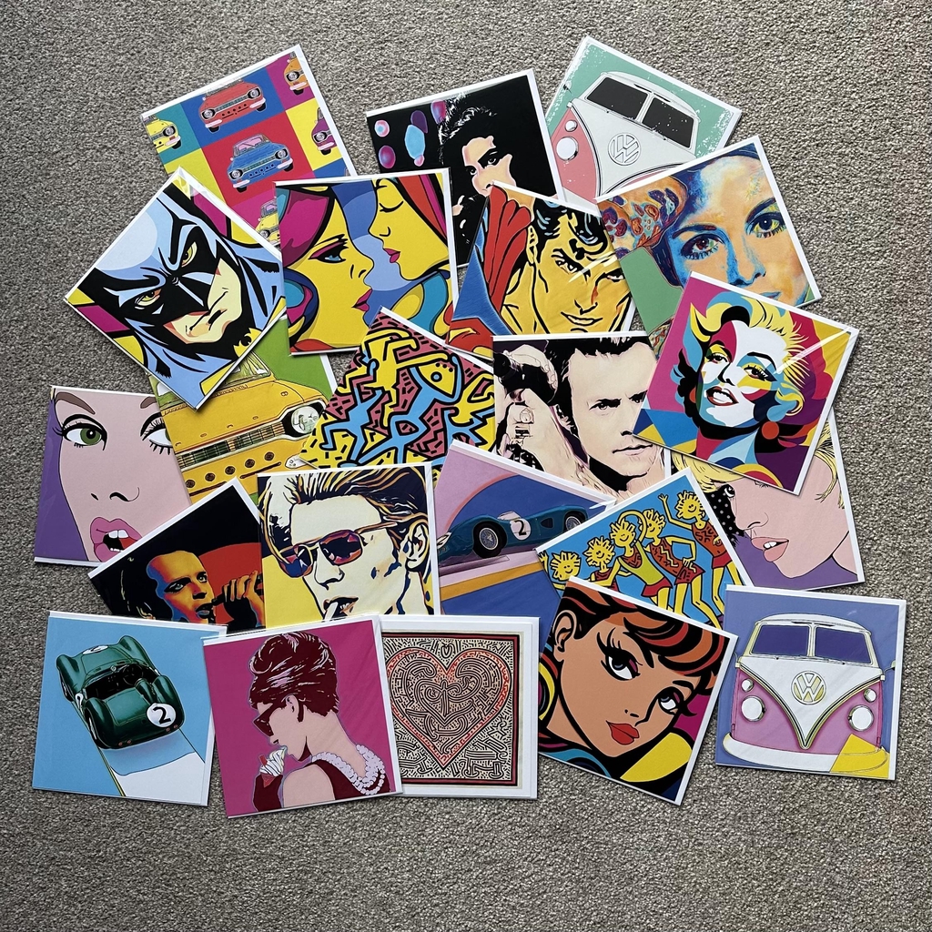Image shows a selection of greeting cards by Poptro Studio, Harry Styles, David Bowie, Marilyn Monroe, Gary Numan.