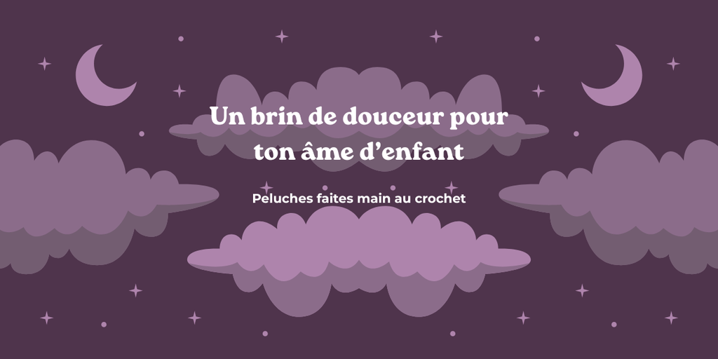 Bannière pour présenter le site de witchat crochet qui vend des peluches faites main au crochet. Le slogan est "un brin de douceur pour ton âme d'enfant".