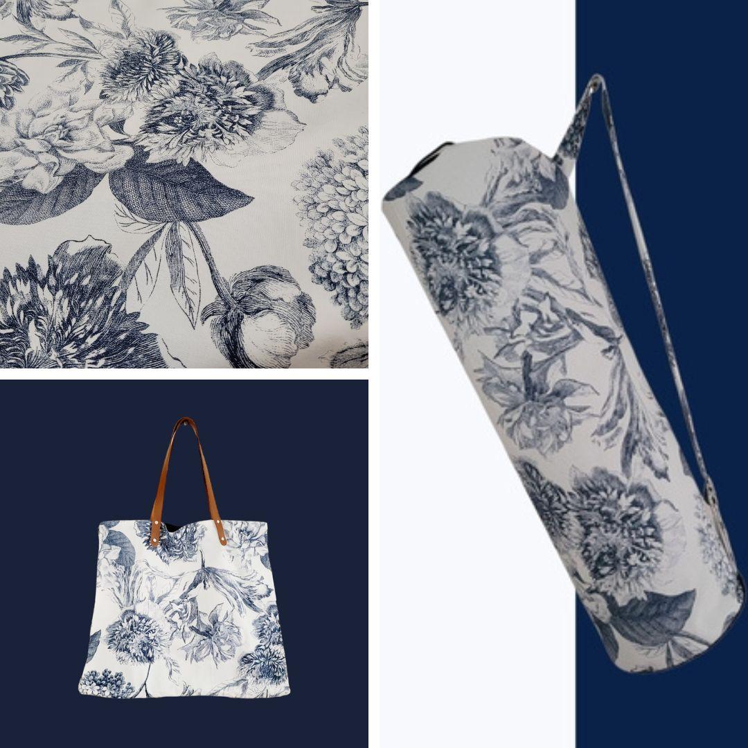 Collection jardin bleu : sac cabas, sac à ptais de yoga et détail du tissu