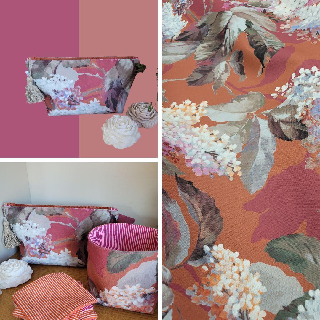 Détails tissu Hydrangea au motif floral hydrangea en saumon, vieux rose et blanc