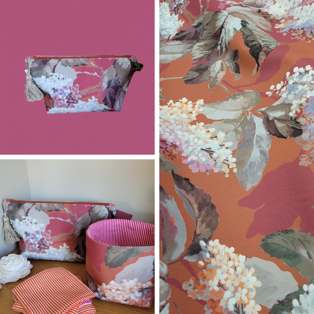 Détails tissu Hydrangea au motif floral hydrangea en saumon, vieux rose et blanc
