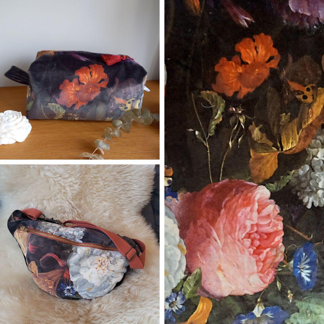 banane, trousse de toilette et détail du tissu en velours fleuri de la collection boudoir
