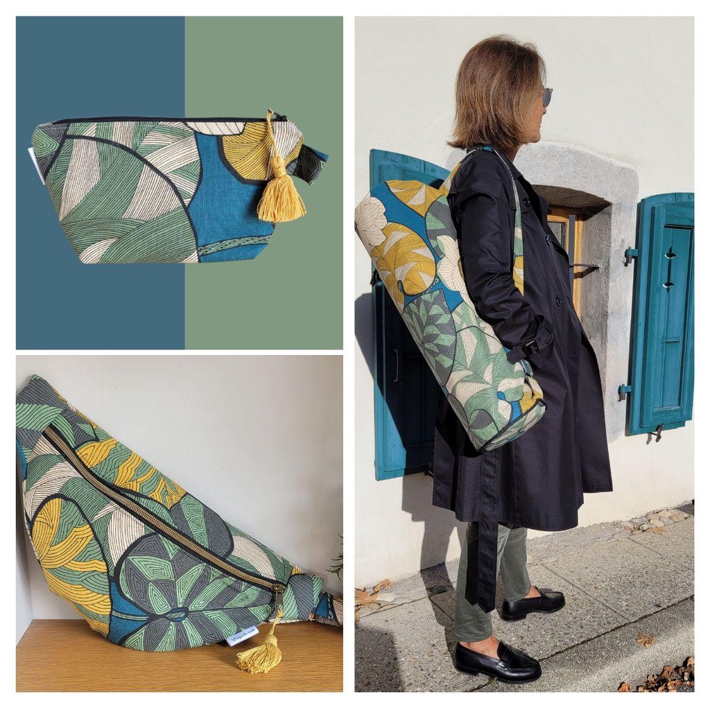 Présentation de 3 accessoires de la collection idris : trousse de maquillage, banane et sac à tapis de yoga 