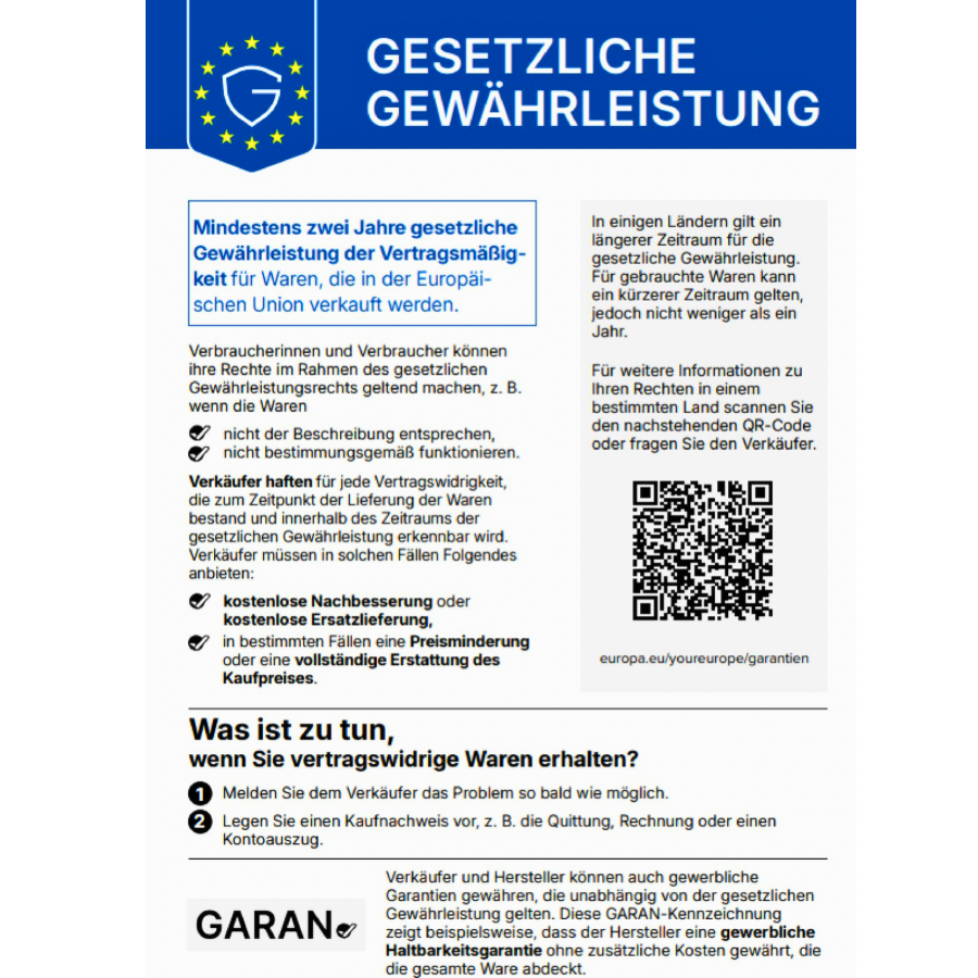 Kundeninformation – Sachmängelhaftung
Für alle bei uns gekauften Waren gilt die gesetzliche Sachmängelhaftung nach den gesetzlichen Vorschriften, insbesondere §§ 437 ff. BGB.
Bei Neuware beträgt die gesetzliche Verjährungsfrist für Mängelansprüche grundsätzlich zwei Jahre ab Ablieferung der Ware. Maßgeblich ist nicht zwingend das Kaufdatum, sondern der Zeitpunkt der Übergabe beziehungsweise Ablieferung.
Die Sachmängelhaftung betrifft Mängel, die bei der Übergabe der Ware bereits vorhanden waren. Zeigt sich innerhalb eines Jahres seit der Übergabe ein Mangel, wird bei einem Verbrauchsgüterkauf grundsätzlich vermutet, dass der Mangel bereits bei der Übergabe vorhanden war, sofern diese Vermutung nicht mit der Art der Ware oder des Mangels unvereinbar ist.
Kein Sachmangel liegt regelmäßig vor bei normalem Verschleiß sowie bei Schäden, die nach der Übergabe durch unsachgemäße Behandlung, falsche Pflege, Unfall oder sonstige äußere Einwirkungen entstanden sind. Gesetzliche Ansprüche bleiben unberührt, wenn ein Mangel bereits bei der Übergabe vorlag.
Eine Garantie ist eine freiwillige, zusätzliche Leistung des Herstellers oder Verkäufers. Eine Garantie wird von uns nur übernommen, wenn sie ausdrücklich und in Textform zugesagt wurde. Die gesetzlichen Rechte aus der Sachmängelhaftung bestehen unabhängig von einer Garantie und werden durch diese nicht eingeschränkt.