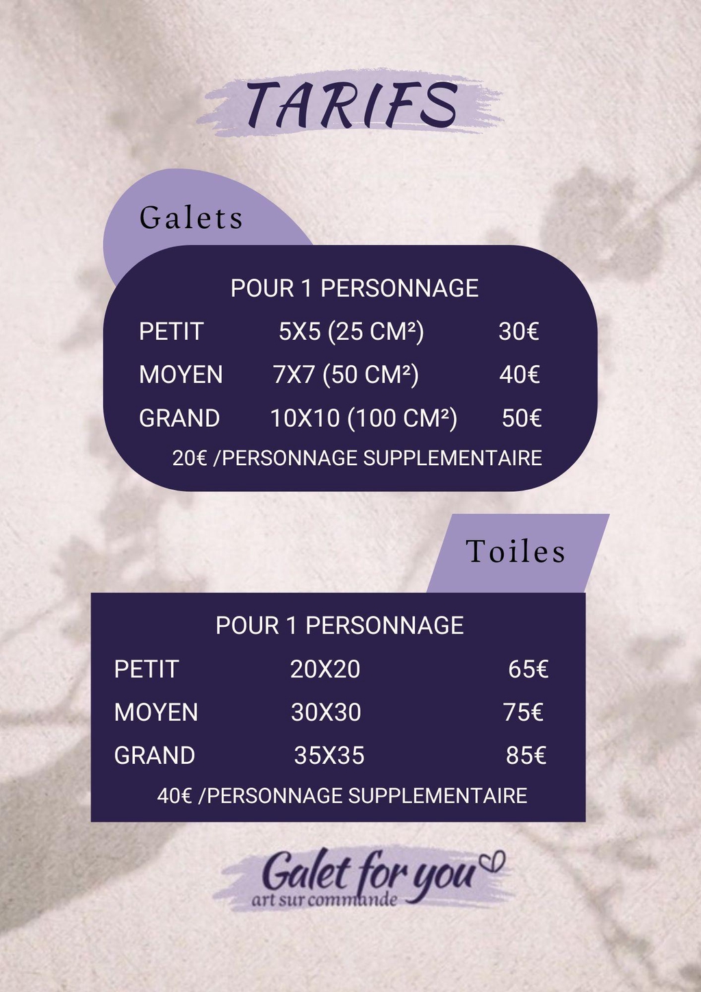 Tarif évolutif en fonction du support, des dimensions, du projet.
*hors frais de livraison
