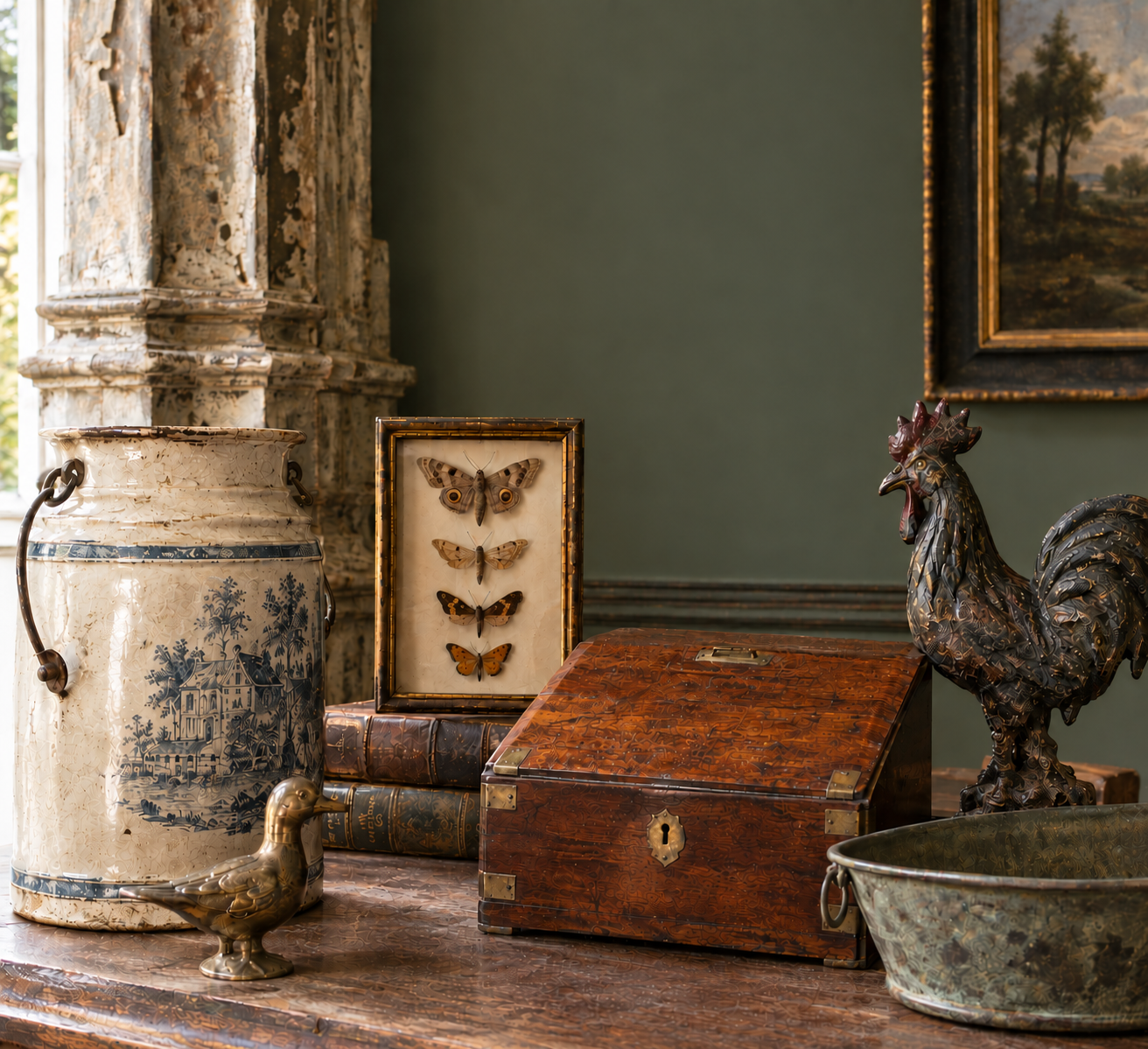Curated antique and decorative objects including antique ceramics, framed moth specimens, antique books, a decorative wooden box and an ornate metal rooster, arranged in an atmospheric showroom setting.