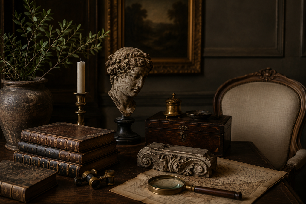 Vintage leather armchair in front of tall wooden bookshelves filled with bound volumes, styled to evoke a traditional library interior. Used as the homepage banner for Worn Out Antiques in Norfolk, England