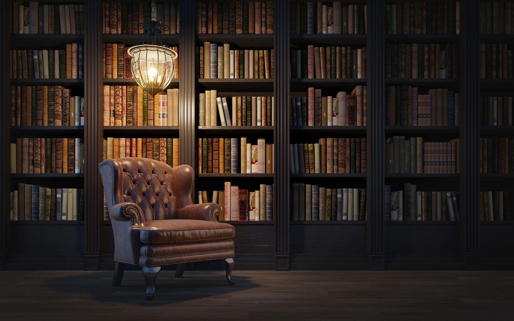 Vintage leather armchair in front of tall wooden bookshelves filled with bound volumes, styled to evoke a traditional library interior. Used as the homepage banner for Worn Out Antiques in Norfolk, England