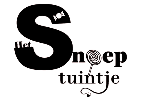 Het Snoeptuintje logo is zwart en bevat een lollie op stok voor de letter O als blikvanger en in de letter S zit een uitsnede van een snoepje in wikkel.