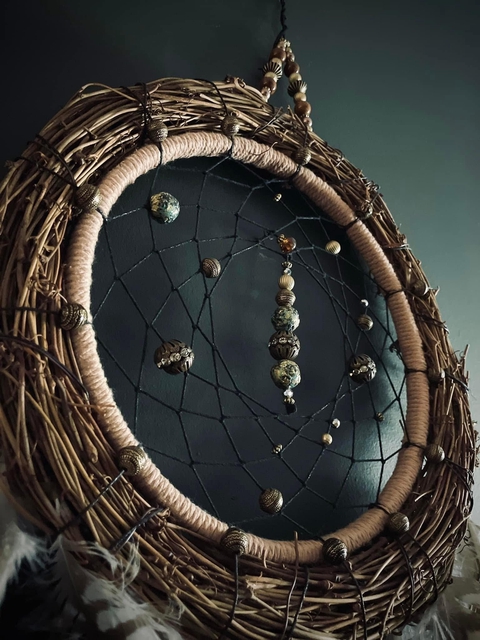 Beaded Common Buzzard feather 3 ring Dream
Catcher.  Ethically sourced and hand crafted.