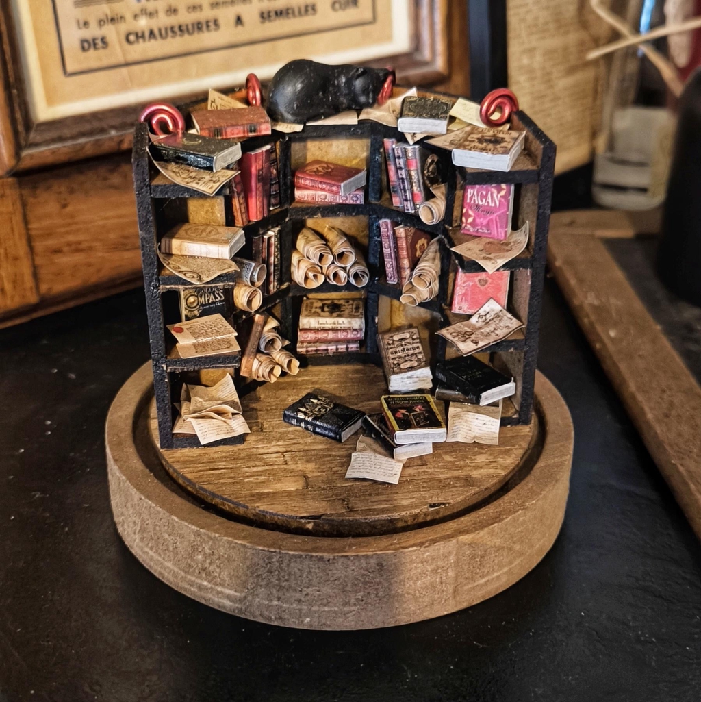 Bibliothèques miniatures magiques – dioramas artisanaux enchantés.
Bibliothèques miniatures faites main : grimoires, fioles, objets magiques et ambiance poétique.