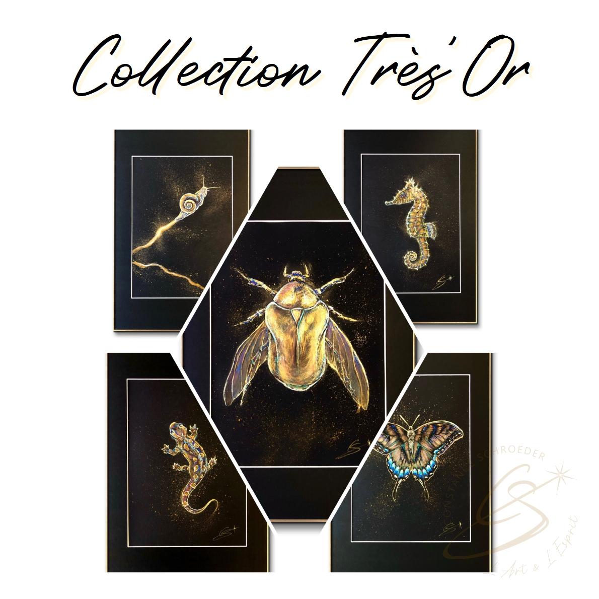 Montage photo représentant les œuvres de la collection très’or , peinture acrylique doré, Or, pastels, poscas , sur papier noir de constance schroeder artiste peintre art animalier