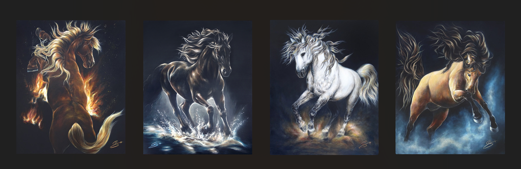 Photo de constance schroeder artiste peintre animalier avec des œuvres équines . œuvres représentants des peintures de chevaux , cheval blanc et cheval alezan 
