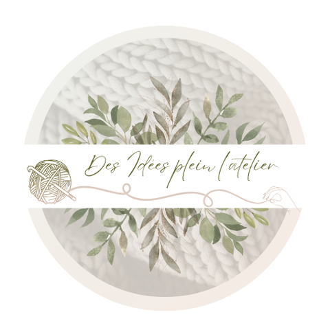 Logo Des Idées plein l’atelier – fil de coton, branche d’eucalyptus et nom manuscrit