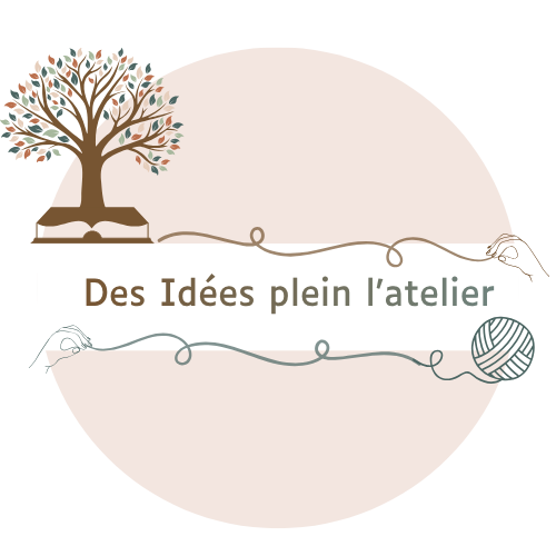 Logo Des Idées plein l’atelier – fil de coton, branche d’eucalyptus et nom manuscrit