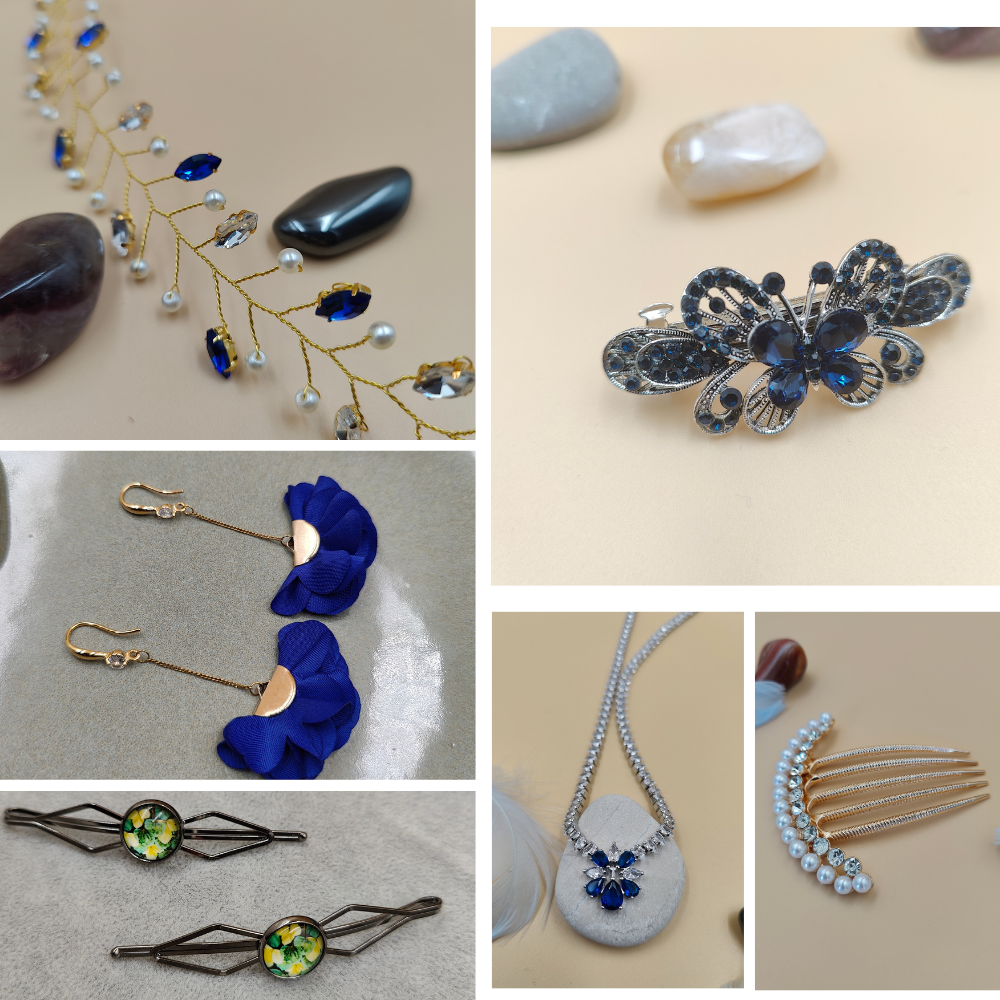 bandeau de cheveux, épingles à cheveux avec strass, boucles d'oreille pendantes, bracelets et colliers fait main