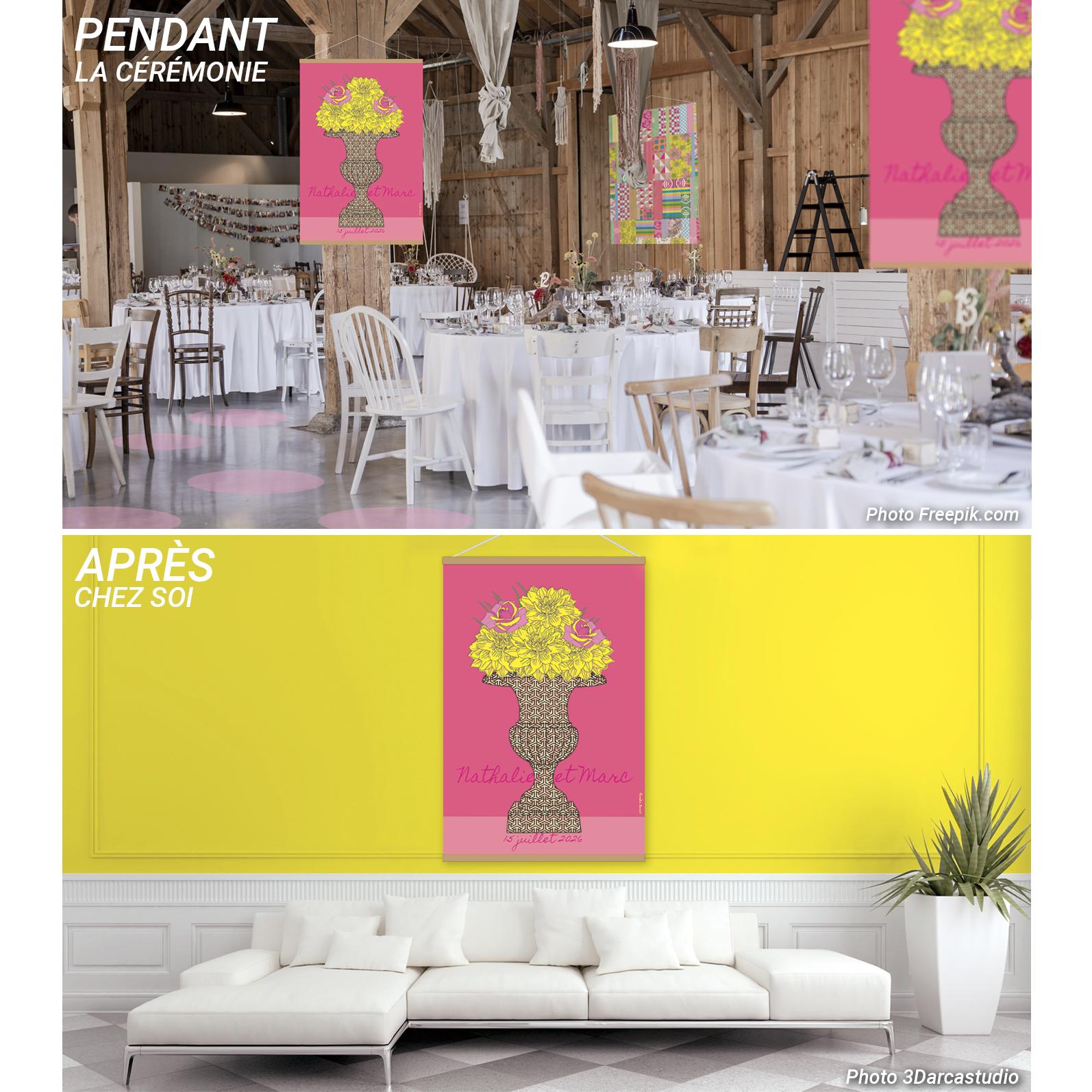 Décorations éco-responsables, durables et personnalisables pour les fêtes et le mariage. Pour sublimer l'espace et égayer la célébration. Tableaux centres de table et cadeaux invités, affiches d'ambiance, tentures en vente et en location et impression d'art grand format à collectionner