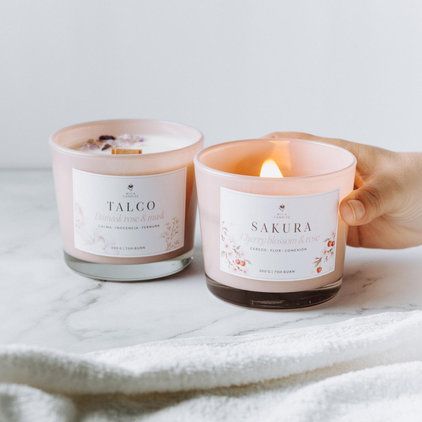 Vela colección Otoño, recipiente rosa con capacidad de 300 G, Cristal Grueso, muy bonito para reutilizar. Velas de cera de soja, hechas a mano por mica candles.