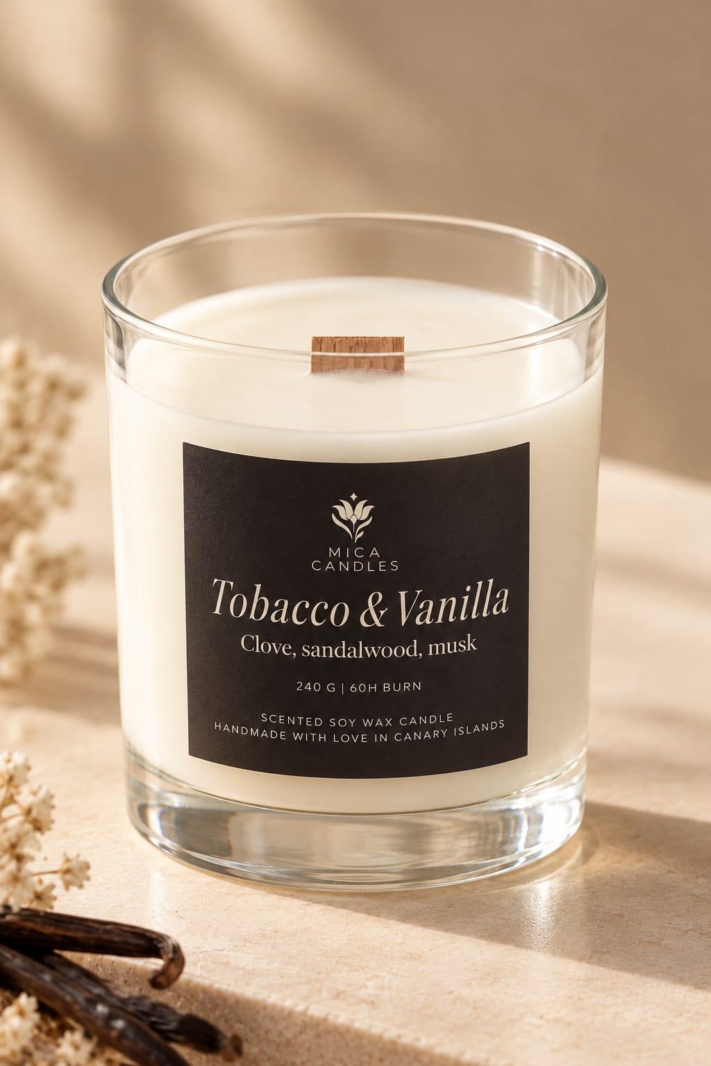 velas de soja hechas en canarias, aromas de otoño Tabaco & vainilla y caramelo salado. Hechas por mica candles.