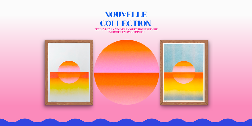 Bannière présentant la nouvelle collection d’affiches Soleil en risographie, inspirées par la lumière de la mer -  Studio Lunema