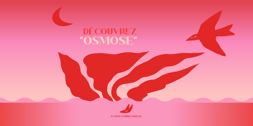 Bannière “Découvrez Osmose” avec fond dégradé rose et rouge, oiseau, lune et végétation issus de la peinture Osmose du Studio Lunema
