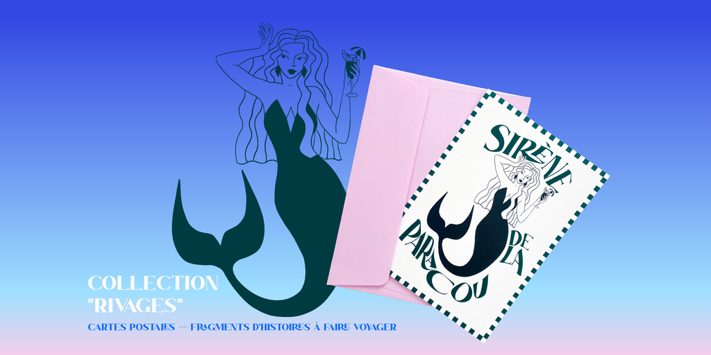 Bannière de la collection Rivages présentant la carte postale “Sirène de la Paracou” avec enveloppe rose, fond marin bleu-vert, algues et rocher.