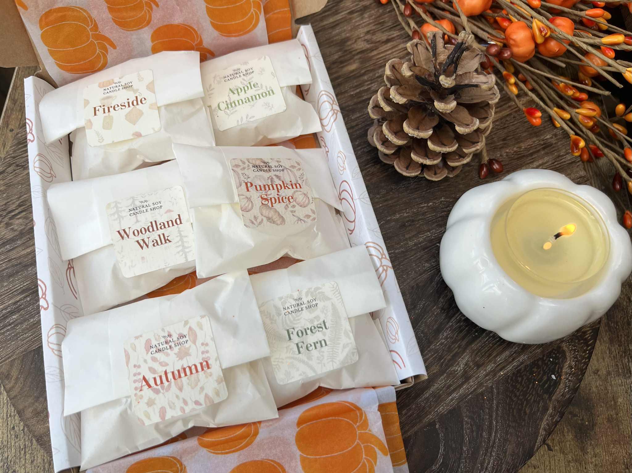 Box of mixed individual  fragranced soy tealights in small bags. Tealight collection is the title.