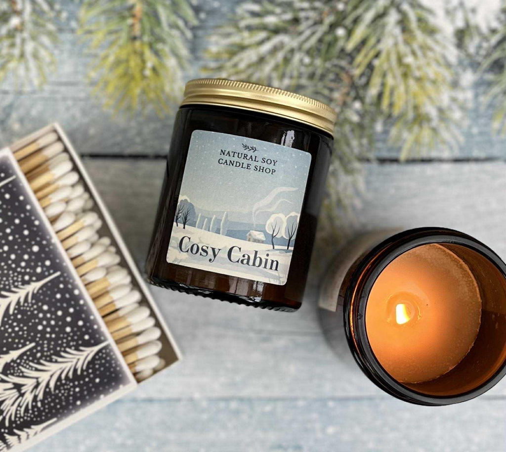Cosy scented candle in a amber glass jar