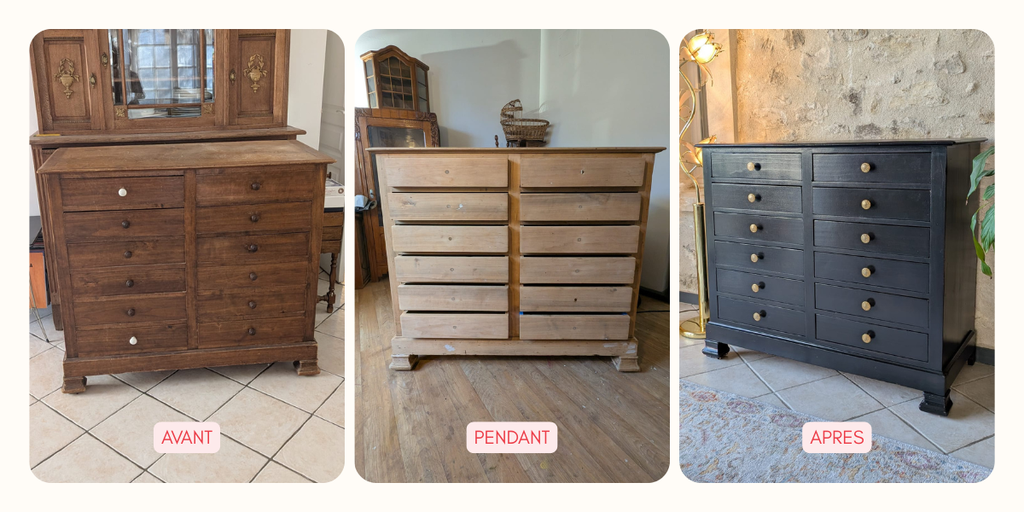 Photos de commode avant, pendant et après rénovation
