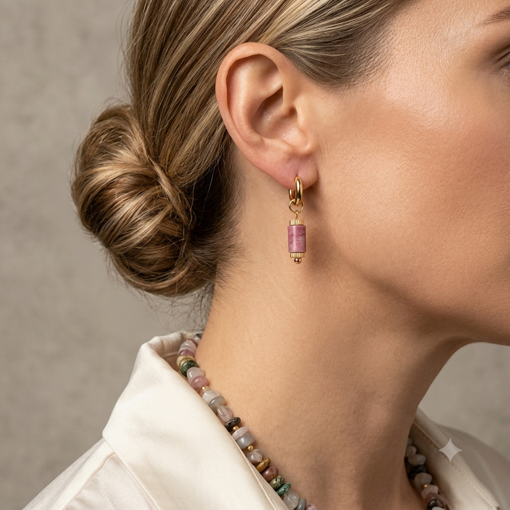 Paire de boucles d'oreilles ornée d'une pierre naturelle montée à la main.