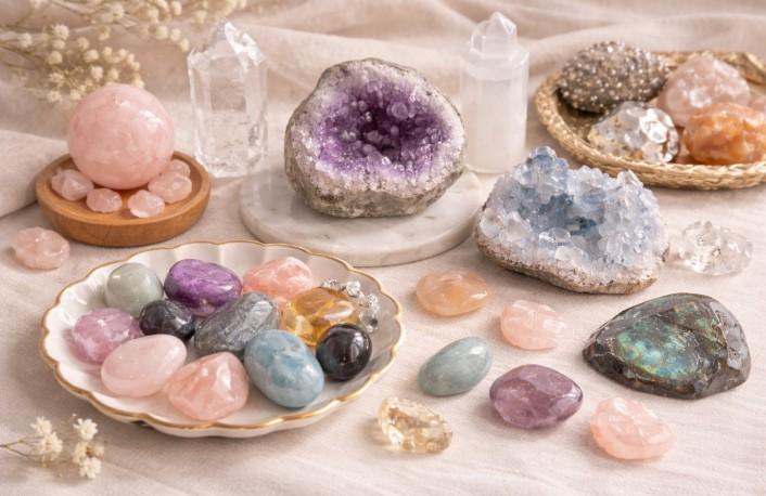 Ensemble de pierres naturelles et géodes aux formes variées, pierres roulées et minéraux bruts présentés sur un fond clair et naturel.