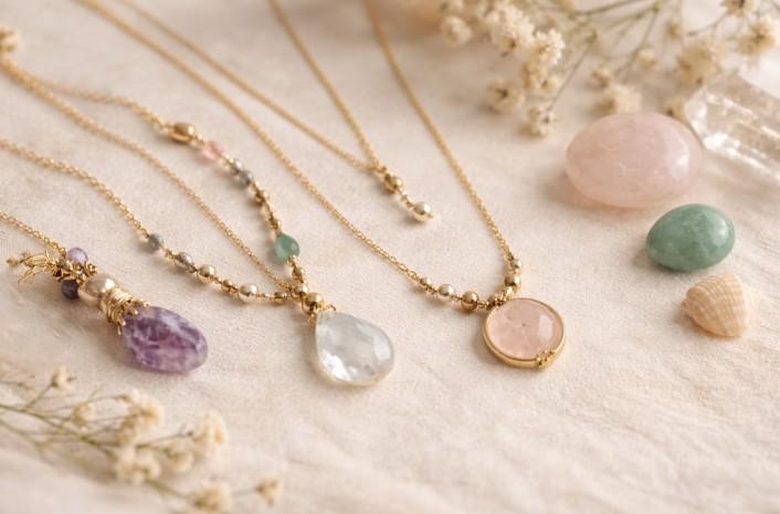 Ensemble de colliers ornés de pierres naturelles, créations artisanales élégantes mêlant design raffiné et symbolique des pierres.