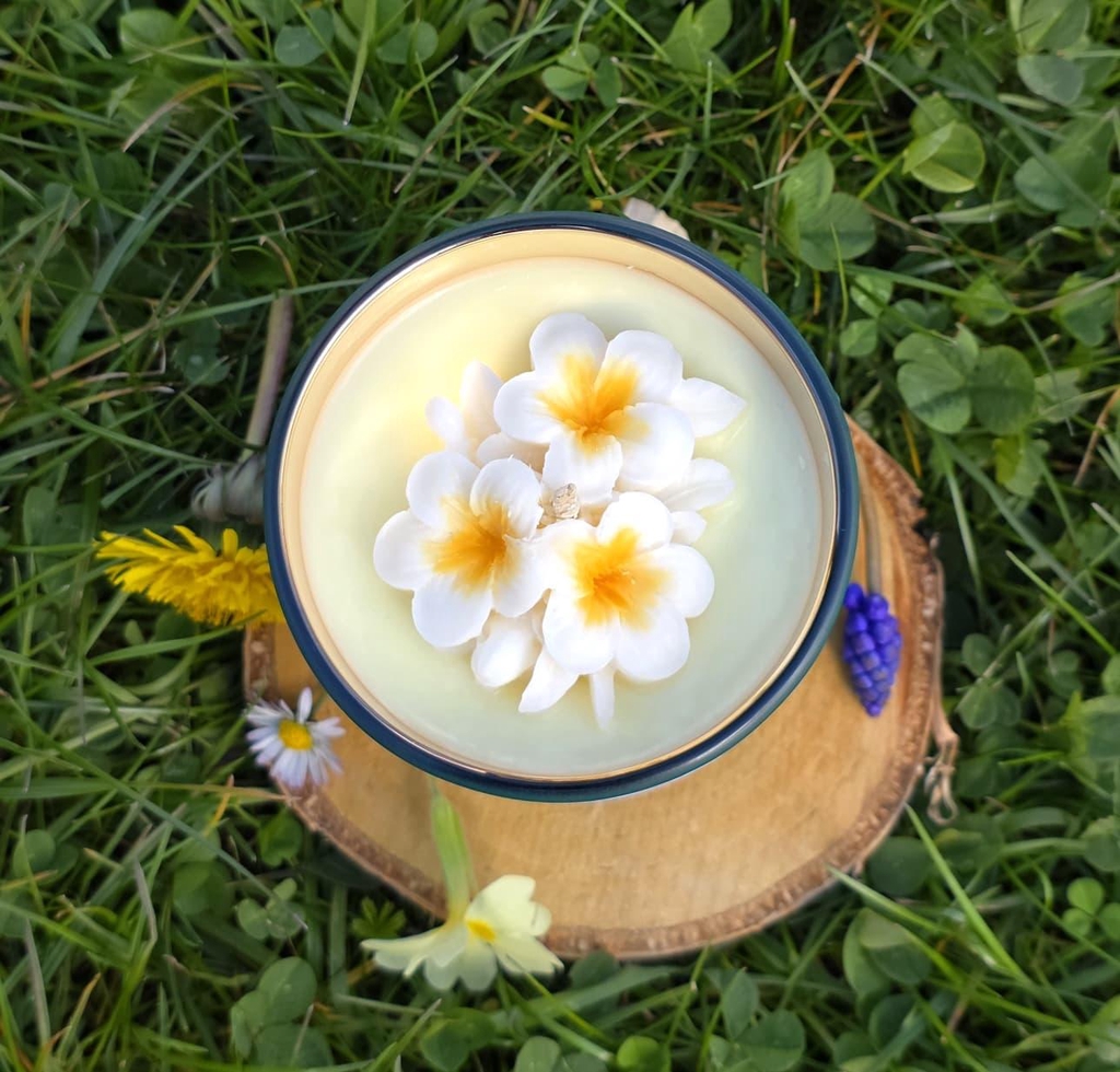 Bougie "Frangipanier", bougie artisanale faites par Bougies Mily. Photo de la fleur de Franipanier en cire.