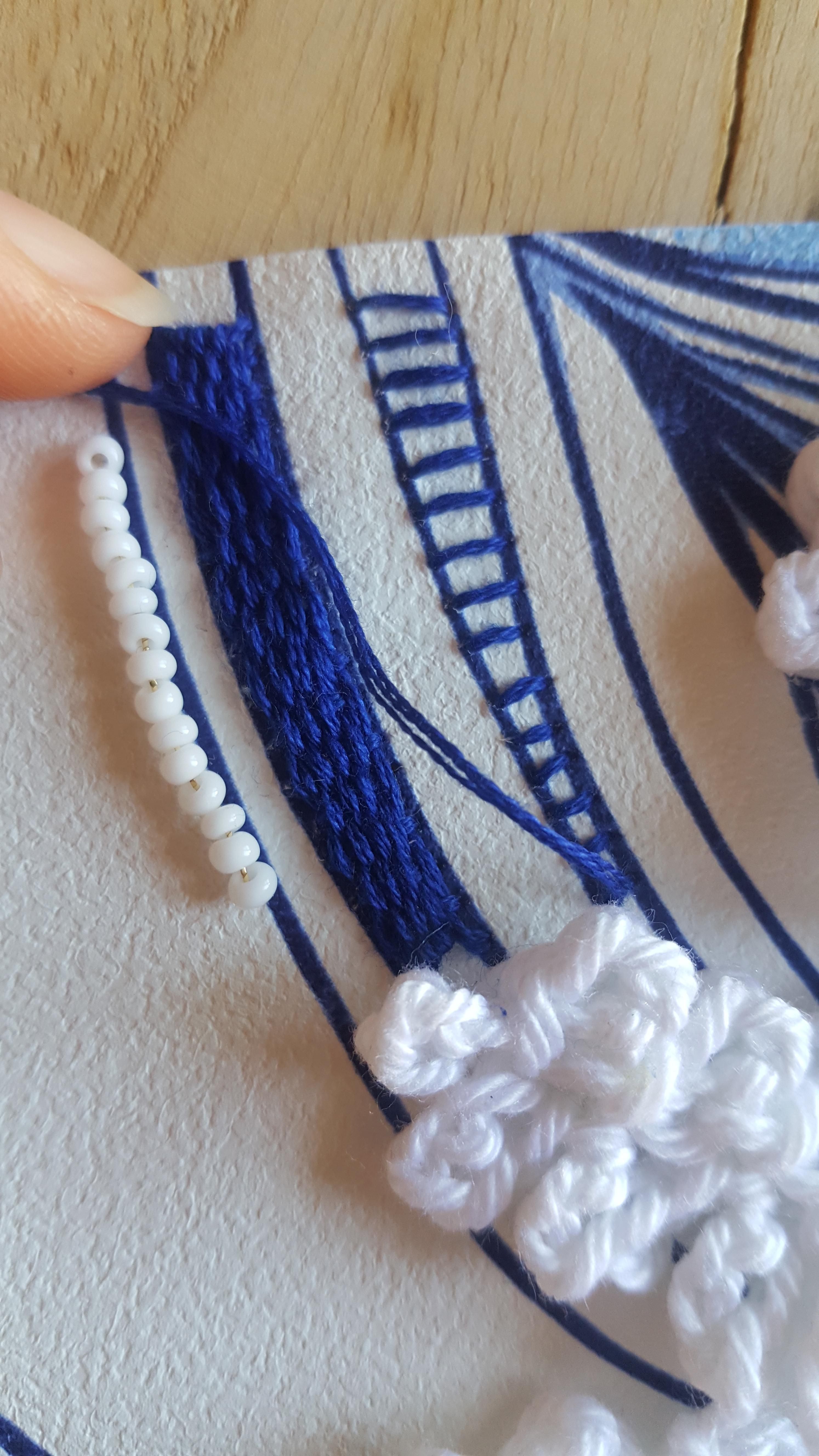 Détail perles et fil sur cadre brodé et crocheté - Atelier Au petit Brin de maille