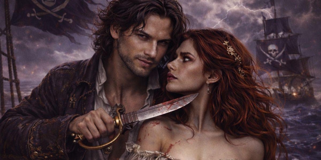 Couverture de la romance historique pirates slow burn "à l'ombre de son pavillon" de l'écrivaine Angélique Vanhecke.