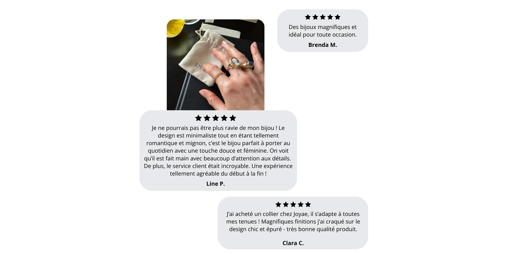 Avis clients Joyae avec 5 étoiles, bijoux faits main en acier inoxydable appréciés pour leur esthétique délicate et adaptés à toutes les occasions