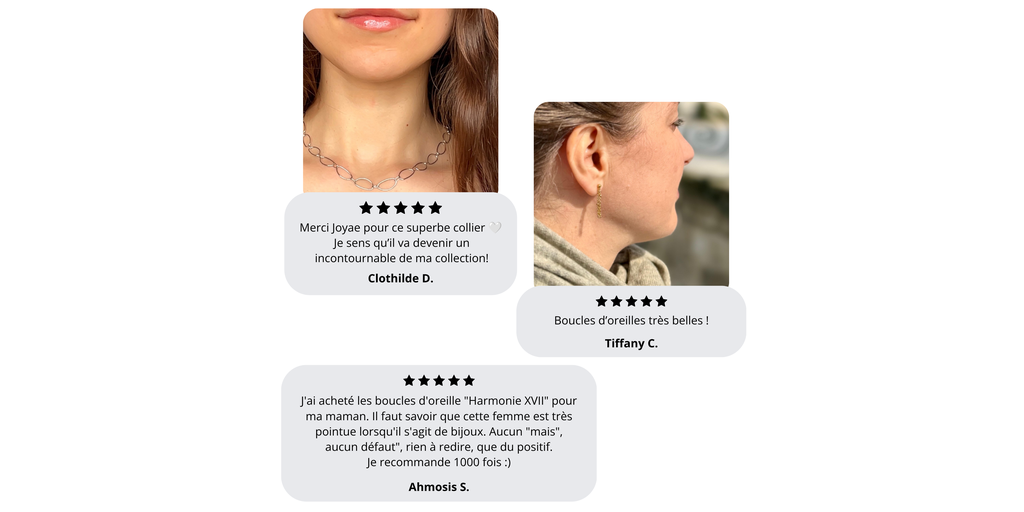 Avis clients Joyae avec 5 étoiles, bijoux faits main en acier inoxydable appréciés pour leur esthétique délicate et adaptés à toutes les occasions.