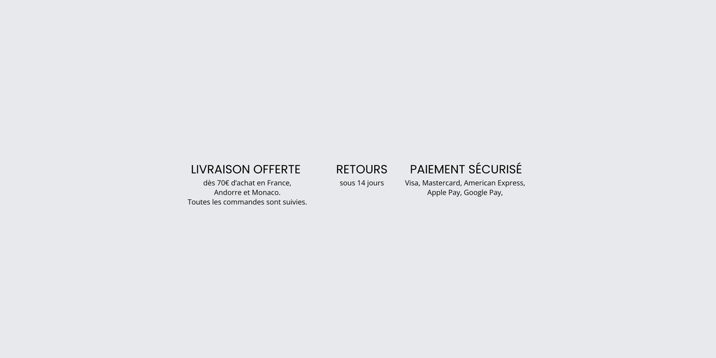 Livraison offerte dès 70€ d'achat en France, Andorre et Monaco. 
Toutes les commandes sont suivies.
Retours sous 14 jours.
Paiement sécurisé.