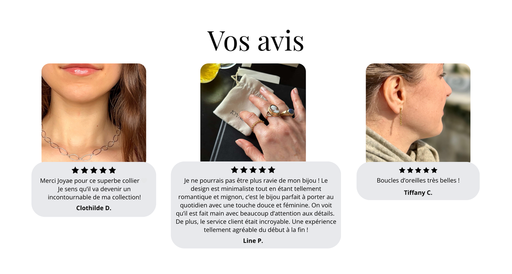 Avis clients Joyae avec 5 étoiles, bijoux faits main en acier inoxydable appréciés pour leur esthétique délicate et adaptés à toutes les occasions.