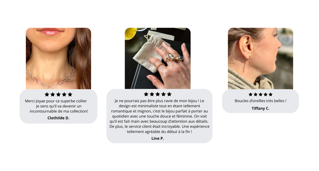 Avis clients Joyae avec 5 étoiles, bijoux faits main en acier inoxydable appréciés pour leur esthétique délicate et adaptés à toutes les occasions.